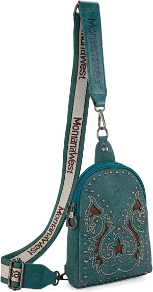 Montana West Cowhead Flora Western Sling Bag for Women Embroidery Cross Body Bag Fanny Pack with Wide Guitar Strap