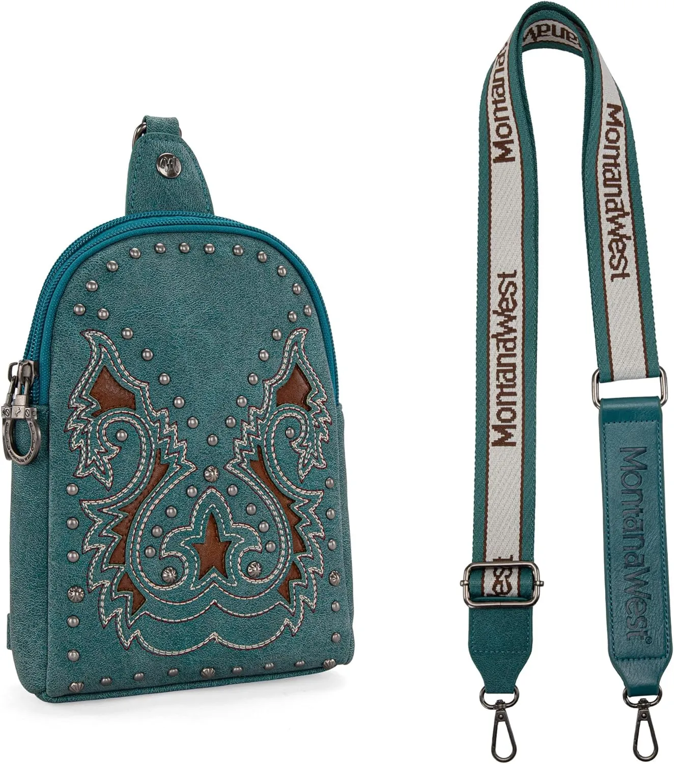 Montana West Cowhead Flora Western Sling Bag for Women Embroidery Cross Body Bag Fanny Pack with Wide Guitar Strap