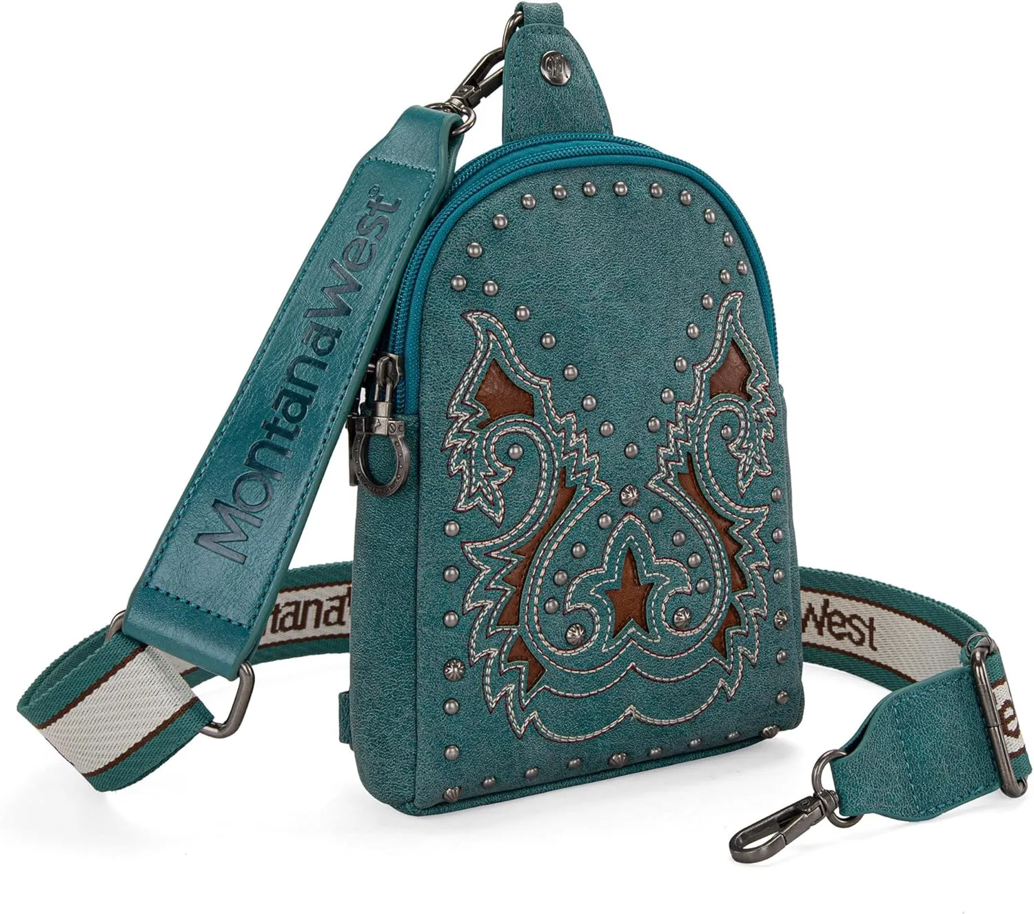 Montana West Cowhead Flora Western Sling Bag for Women Embroidery Cross Body Bag Fanny Pack with Wide Guitar Strap