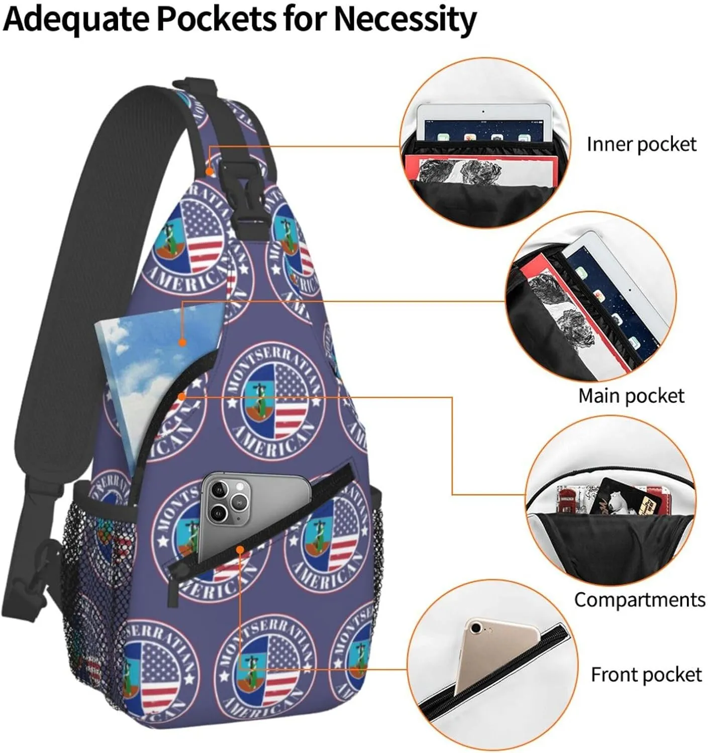 Montserratian American Badge Montserrat Flag Crossbody Bags Sling Backpack Cross Chest Bag Sports Shoulder Bag Gym Fanny Pack Adjustable Cycling Daypack Diagonally Rucksack for Running