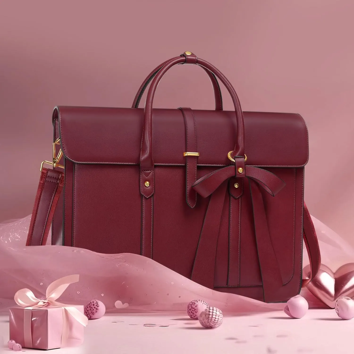 MOSISO 15-15.6 Inch PU Leather Laptop Shoulder Bag for Women, Convertible Backpack, 16 Inch Messenger Casual Handbag, Work Briefcase, Travel Computer Bag With Bowknot, Wine Red