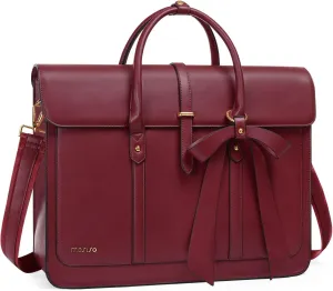 MOSISO 15-15.6 Inch PU Leather Laptop Shoulder Bag for Women, Convertible Backpack, 16 Inch Messenger Casual Handbag, Work Briefcase, Travel Computer Bag With Bowknot, Wine Red