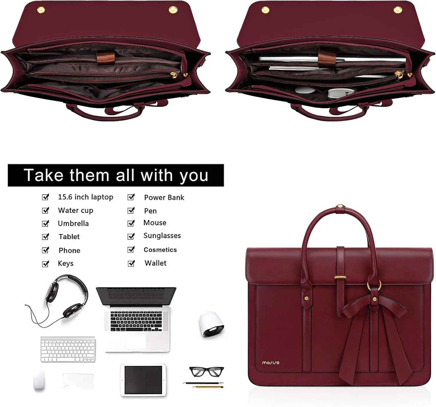 MOSISO 15-15.6 Inch PU Leather Laptop Shoulder Bag for Women, Convertible Backpack, 16 Inch Messenger Casual Handbag, Work Briefcase, Travel Computer Bag With Bowknot, Wine Red