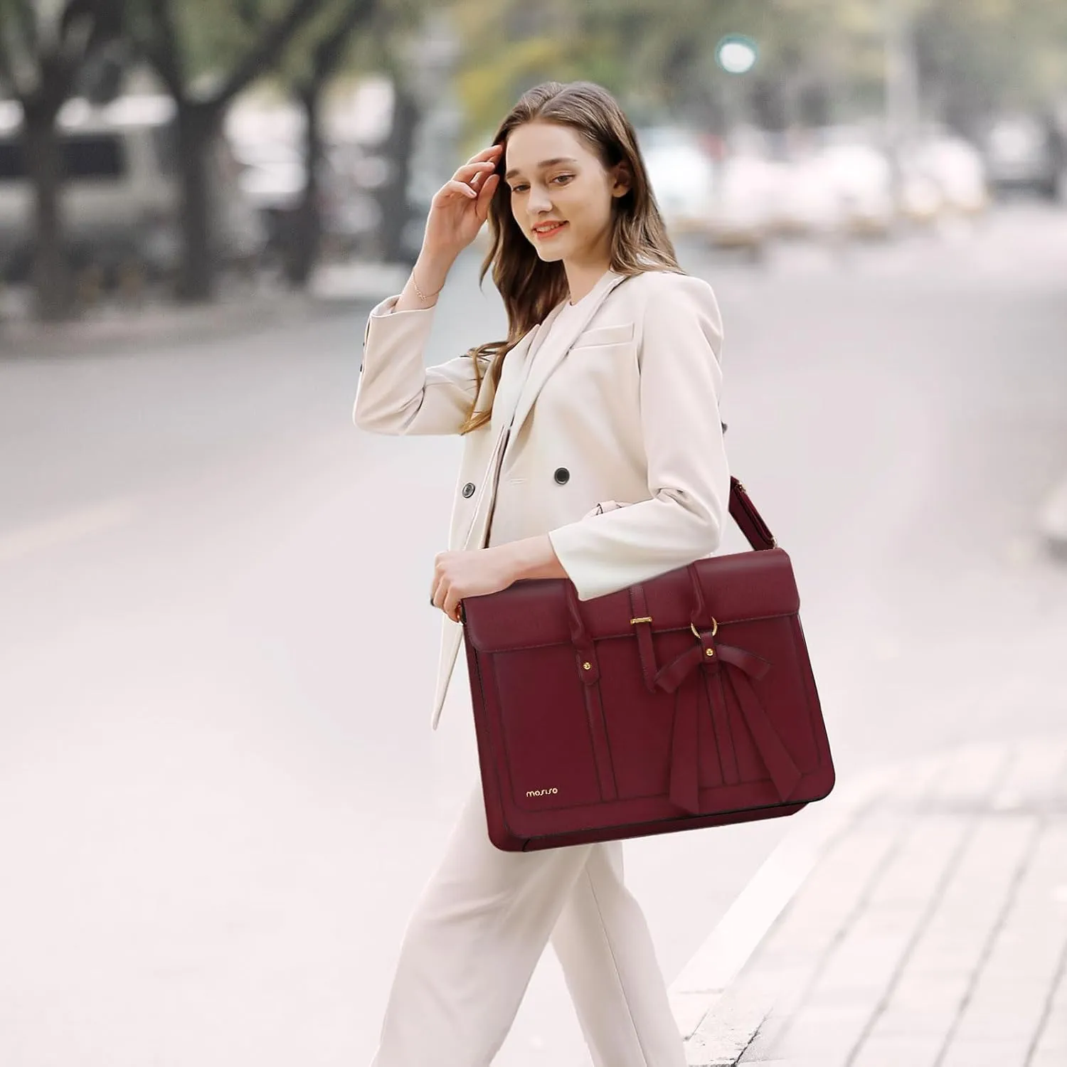 MOSISO 15-15.6 Inch PU Leather Laptop Shoulder Bag for Women, Convertible Backpack, 16 Inch Messenger Casual Handbag, Work Briefcase, Travel Computer Bag With Bowknot, Wine Red