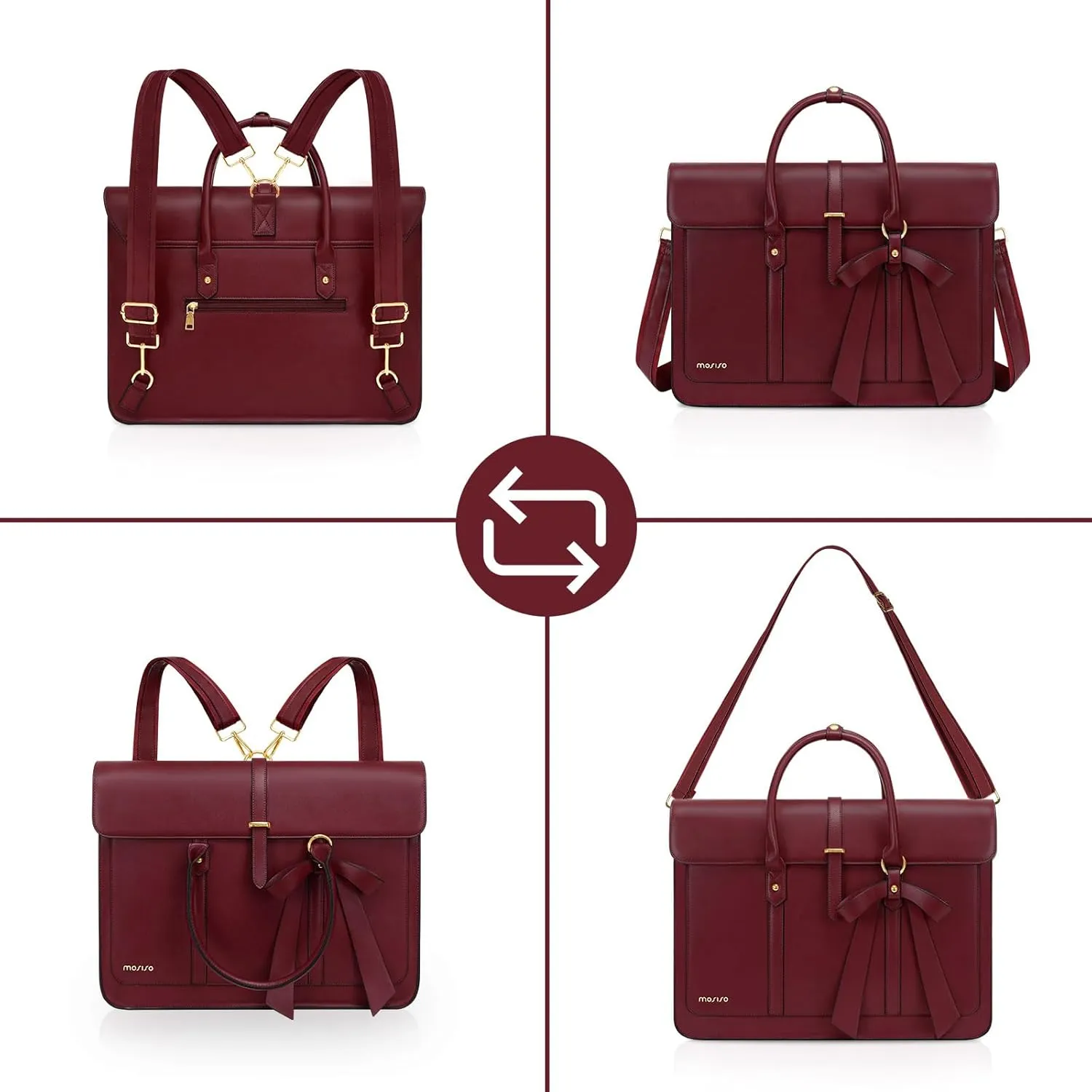 MOSISO 15-15.6 Inch PU Leather Laptop Shoulder Bag for Women, Convertible Backpack, 16 Inch Messenger Casual Handbag, Work Briefcase, Travel Computer Bag With Bowknot, Wine Red