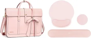 MOSISO Circle Curved Wrist Rest Support for Mouse Pad&Keyboard&Laptop Bag for Women,13-14 inch PU Leather Laptop Shoulder Bag Convertible Backpack,13.3 inch Messenger Bag with Bowknot, Pink&Chalk Pink