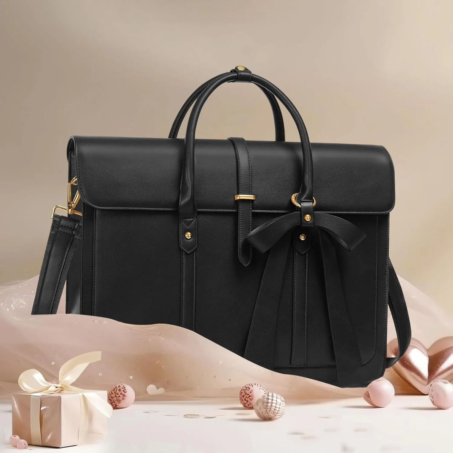 MOSISO Laptop Bag for Women, 13-14 inch PU Leather Laptop Shoulder Bag Convertible Backpack, 13.3 inch Messenger Bag Casual Handbag Work Briefcase Travel Computer Bag with Bowknot, Black