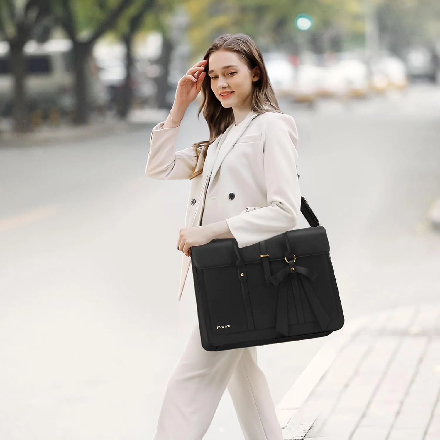 MOSISO Laptop Bag for Women, 13-14 inch PU Leather Laptop Shoulder Bag Convertible Backpack, 13.3 inch Messenger Bag Casual Handbag Work Briefcase Travel Computer Bag with Bowknot, Black