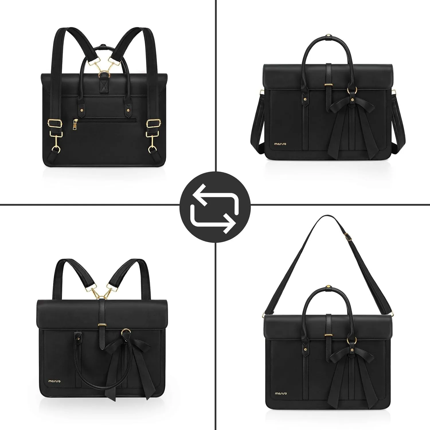 MOSISO Laptop Bag for Women, 13-14 inch PU Leather Laptop Shoulder Bag Convertible Backpack, 13.3 inch Messenger Bag Casual Handbag Work Briefcase Travel Computer Bag with Bowknot, Black