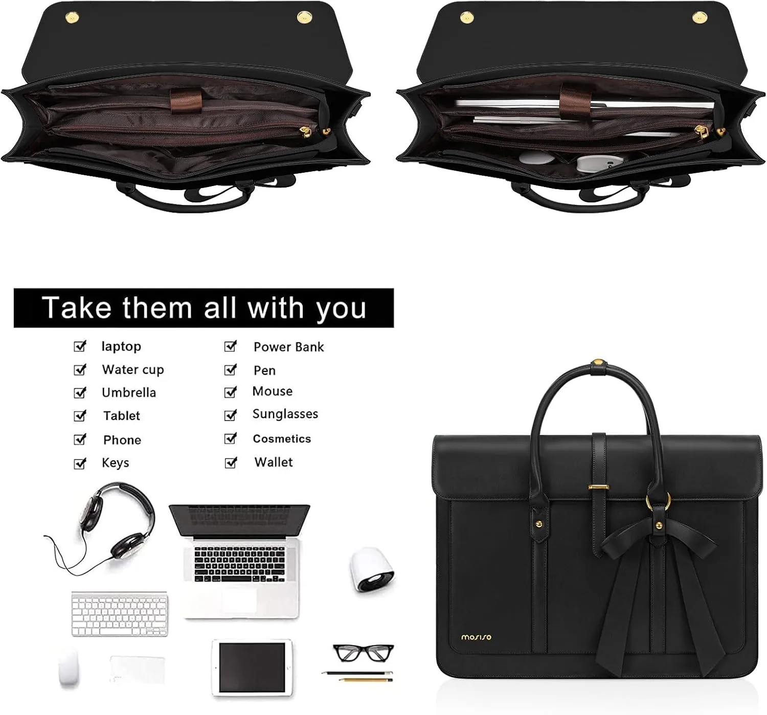 MOSISO Laptop Bag for Women, 13-14 inch PU Leather Laptop Shoulder Bag Convertible Backpack, 13.3 inch Messenger Bag Casual Handbag Work Briefcase Travel Computer Bag with Bowknot, Black
