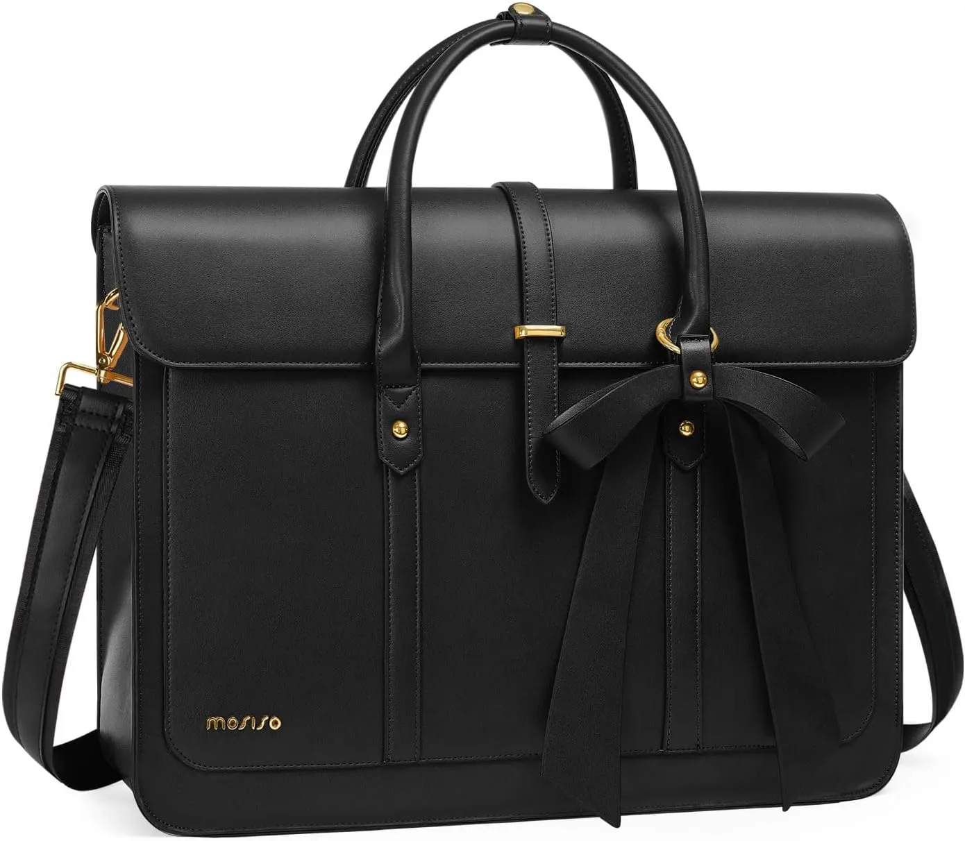 MOSISO Laptop Bag for Women, 13-14 inch PU Leather Laptop Shoulder Bag Convertible Backpack, 13.3 inch Messenger Bag Casual Handbag Work Briefcase Travel Computer Bag with Bowknot, Black