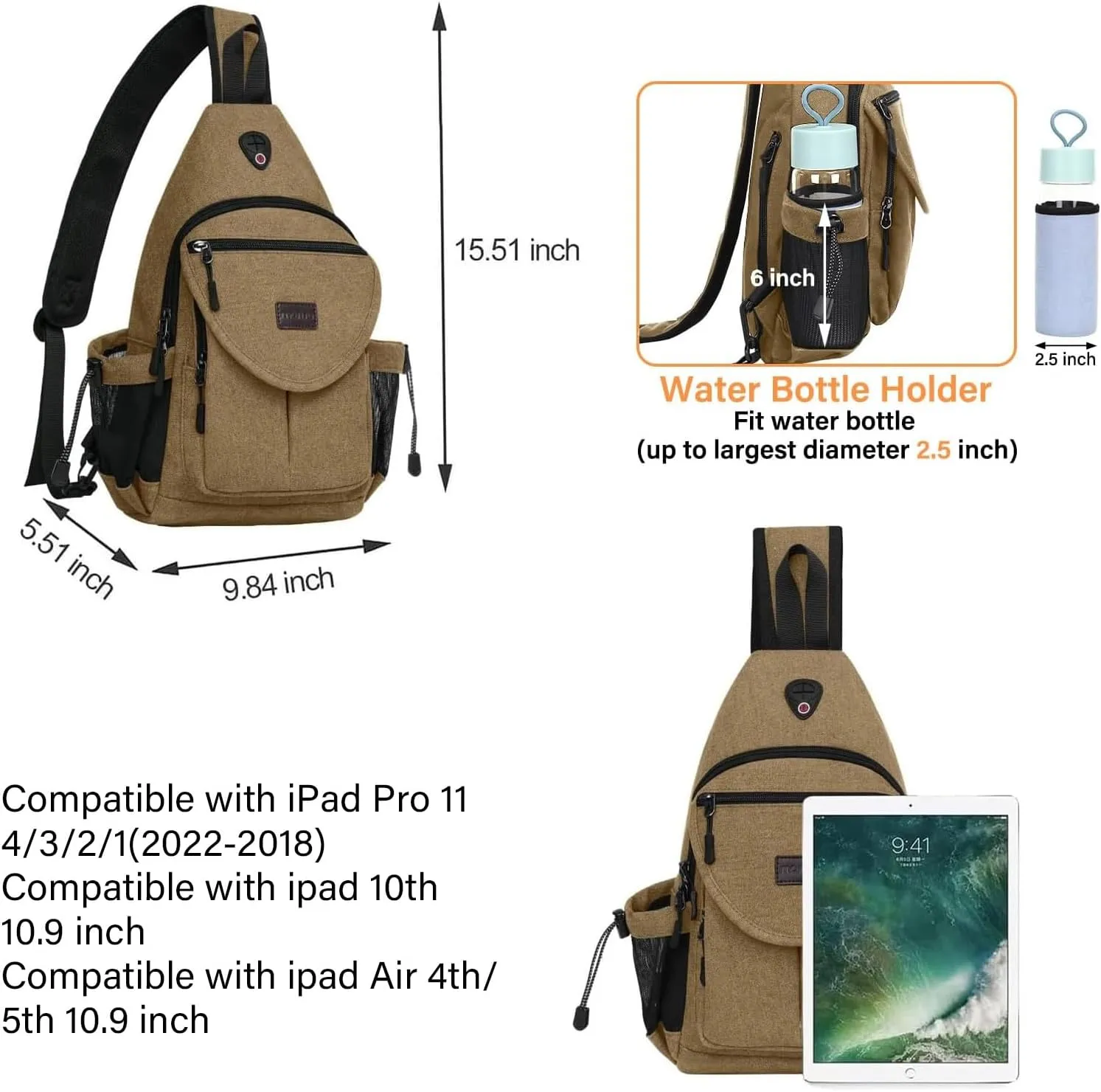 MOSISO Sling Backpack,Canvas Crossbody Hiking Daypack Bag with Anti-theft Pocket