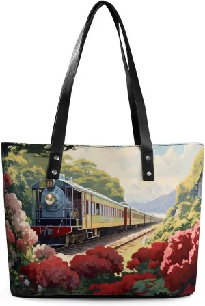 Mountain Train Railroad Tracks Leather Handbags for Women Shoulder Tote Crossbody Travel Purses with Zippered