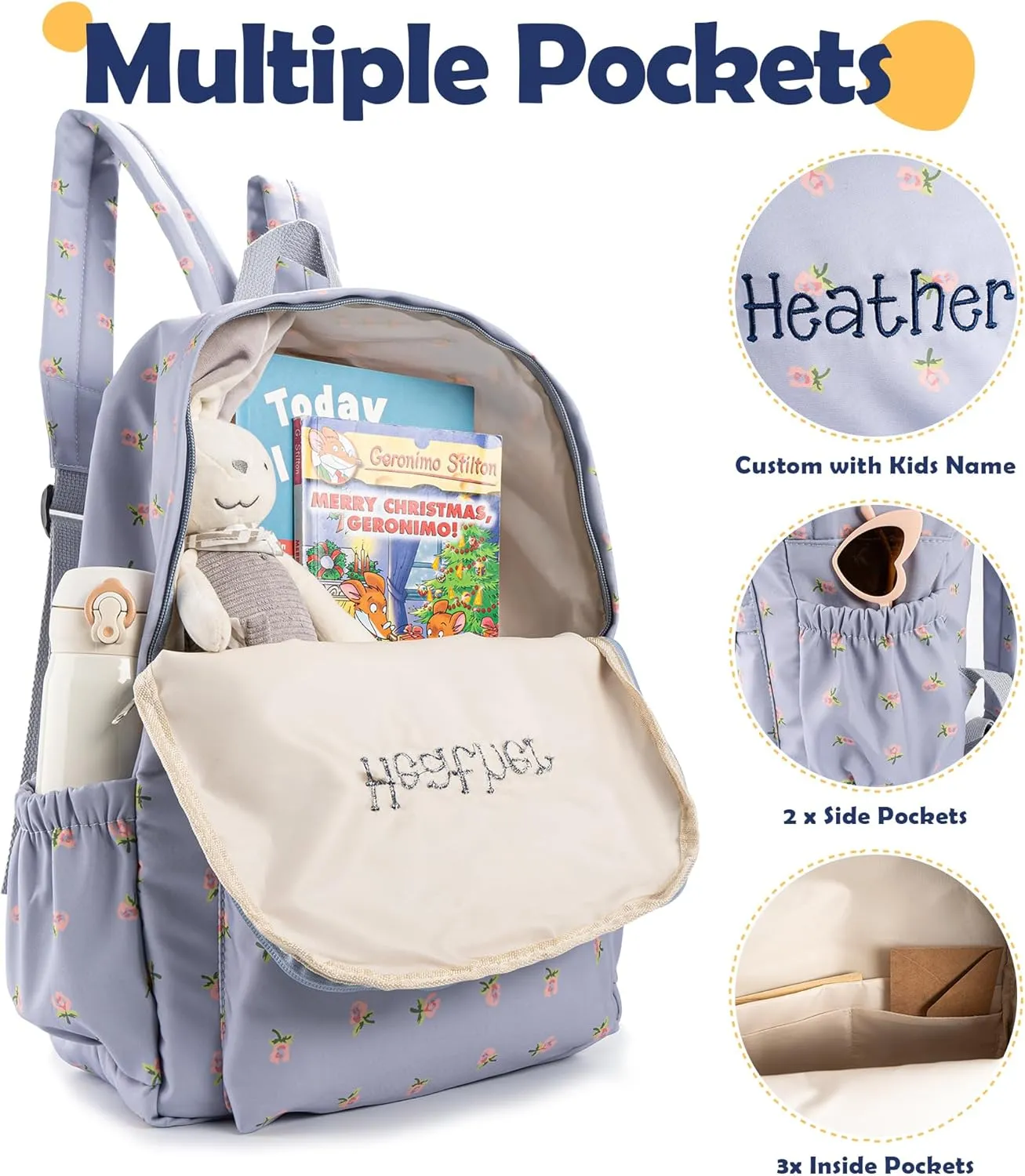 MT WORLD Floral Backpack Personalized Daycare Backpack with Name 16inch Flower Daypack with 2 Side Pockets & Spacious Interior Custom Daycare Bag for Overnight Daily Activities Birthday Gifts (Blue)