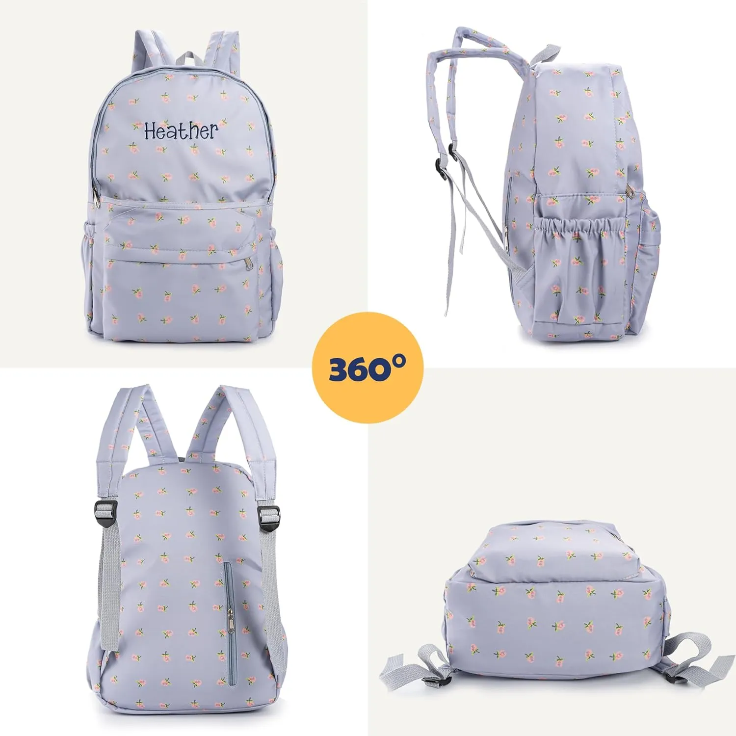 MT WORLD Floral Backpack Personalized Daycare Backpack with Name 16inch Flower Daypack with 2 Side Pockets & Spacious Interior Custom Daycare Bag for Overnight Daily Activities Birthday Gifts (Blue)