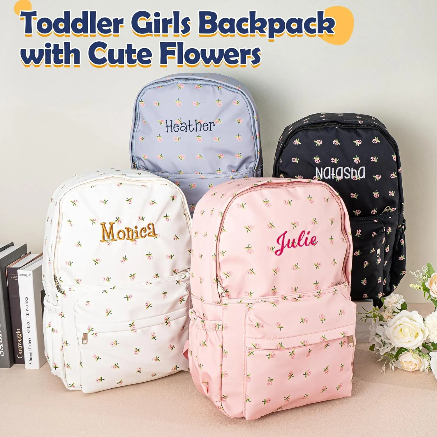 MT WORLD Floral Backpack Personalized Daycare Backpack with Name 16inch Flower Daypack with 2 Side Pockets & Spacious Interior Custom Daycare Bag for Overnight Daily Activities Birthday Gifts (Blue)