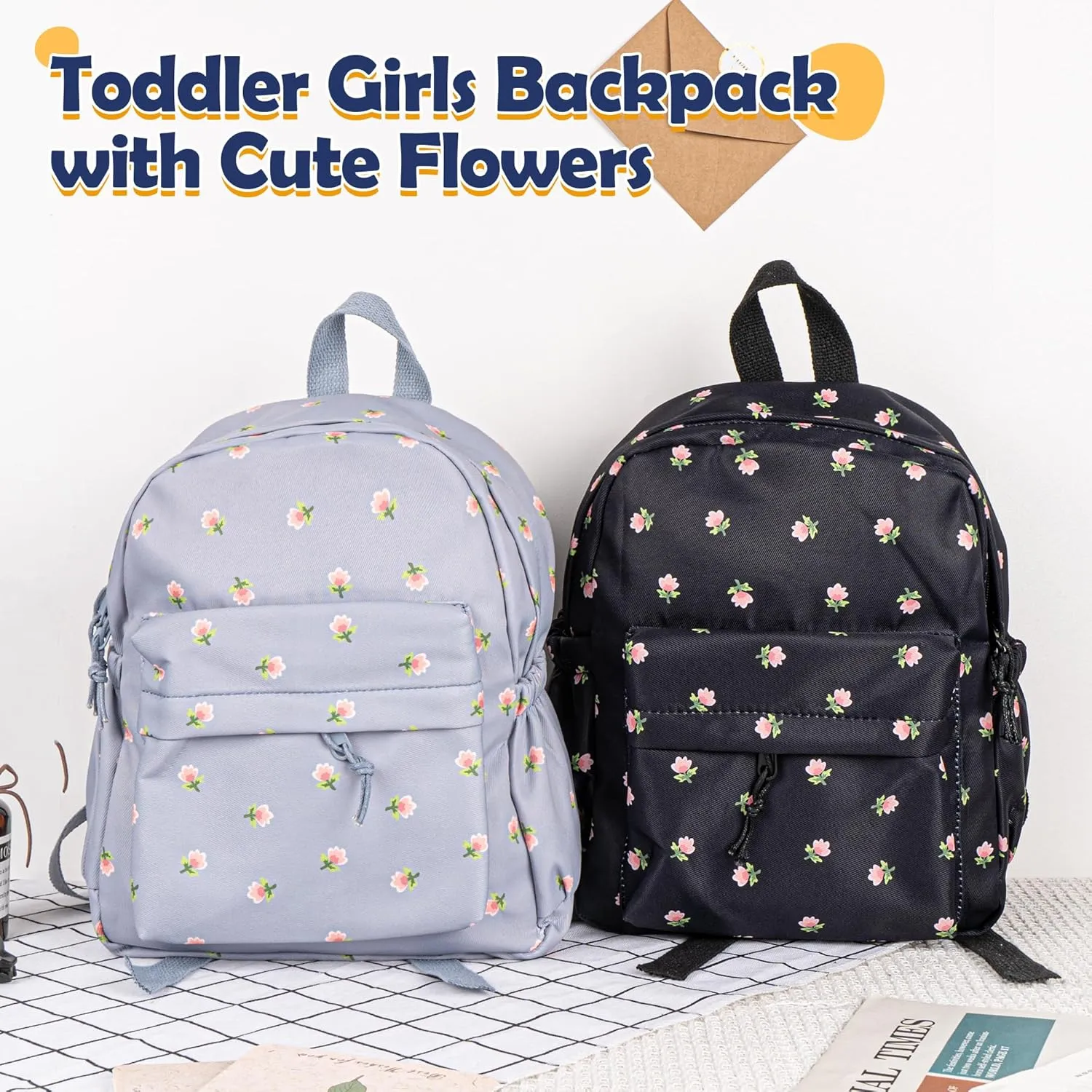 MT WORLD Floral Toddler Backpack Personalized Daycare Backpack Little Girls Daypack with Flower Custom Bookbag Gifts with Embroidered Name for School Overnigtht Daily Activities (Black)