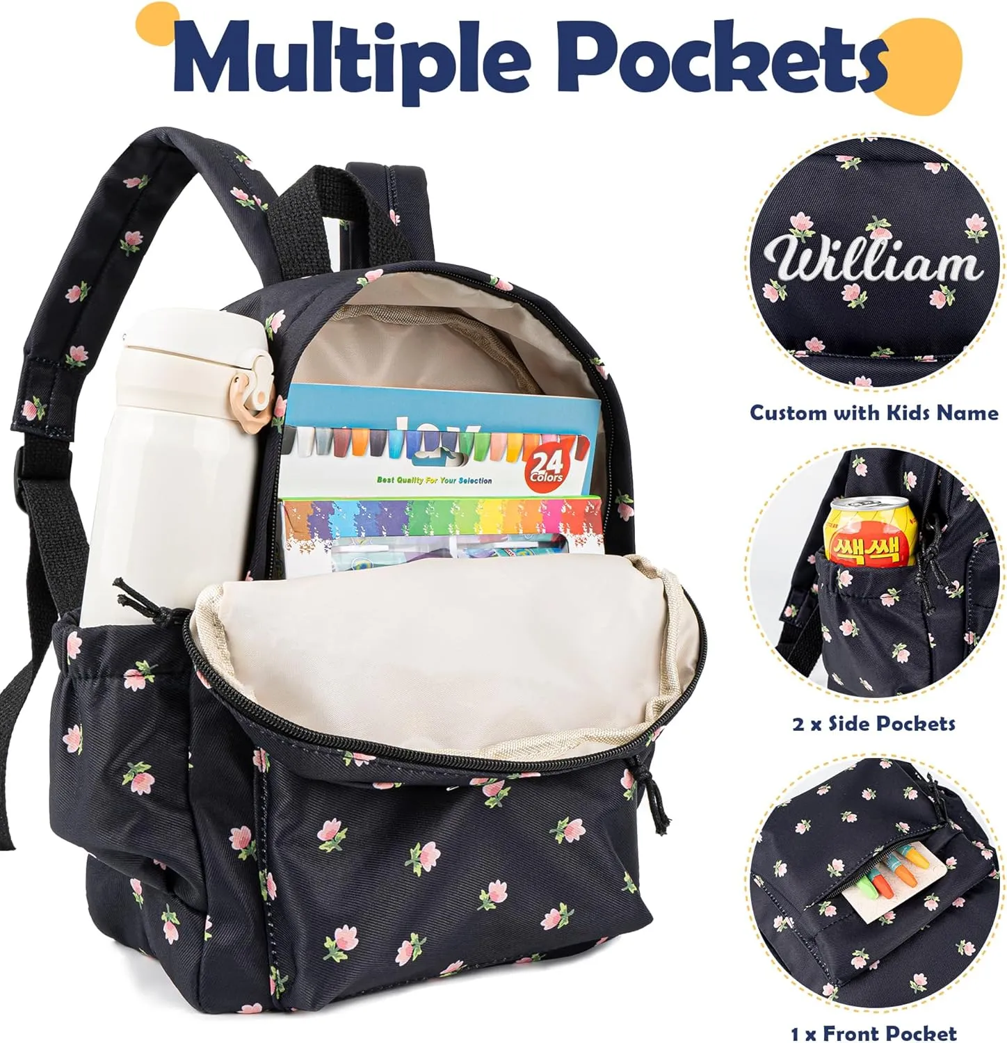 MT WORLD Floral Toddler Backpack Personalized Daycare Backpack Little Girls Daypack with Flower Custom Bookbag Gifts with Embroidered Name for School Overnigtht Daily Activities (Black)