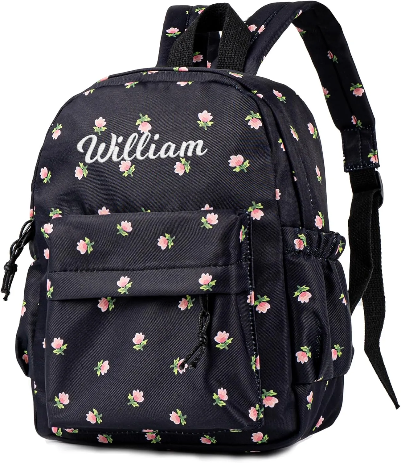 MT WORLD Floral Toddler Backpack Personalized Daycare Backpack Little Girls Daypack with Flower Custom Bookbag Gifts with Embroidered Name for School Overnigtht Daily Activities (Black)