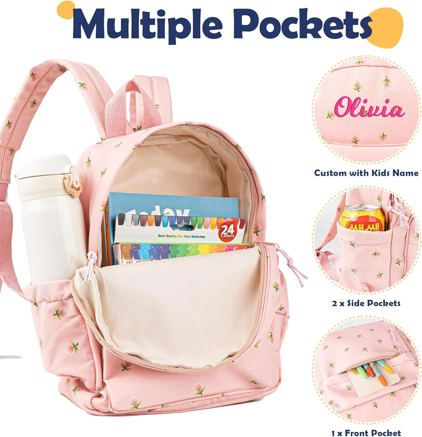 MT WORLD Floral Toddler Backpack Personalized Daycare Backpack Little Girls Daypack with Flower Custom Bookbag Gifts with Embroidered Name for School Overnigtht Daily Activities (Pink)
