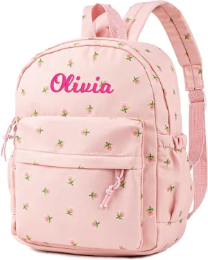 MT WORLD Floral Toddler Backpack Personalized Daycare Backpack Little Girls Daypack with Flower Custom Bookbag Gifts with Embroidered Name for School Overnigtht Daily Activities (Pink)
