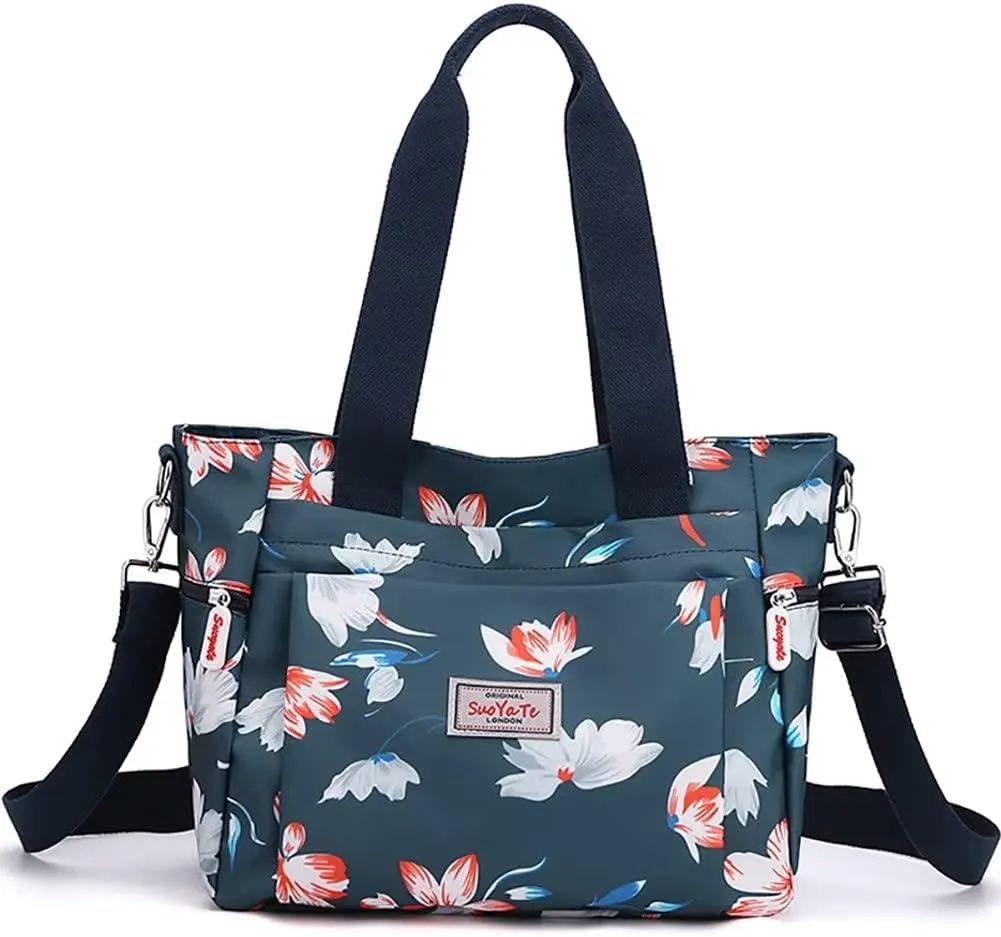 Mudono Tote Bag for Women Vintage Nylon Crossbody Purse Large Floral Shoulder Bag Casual Hobo Handbag Lightweight Satchel