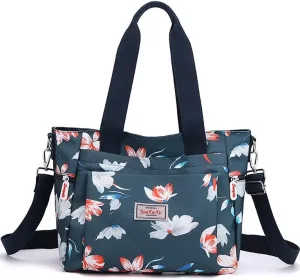 Mudono Tote Bag for Women Vintage Nylon Crossbody Purse Large Floral Shoulder Bag Casual Hobo Handbag Lightweight Satchel