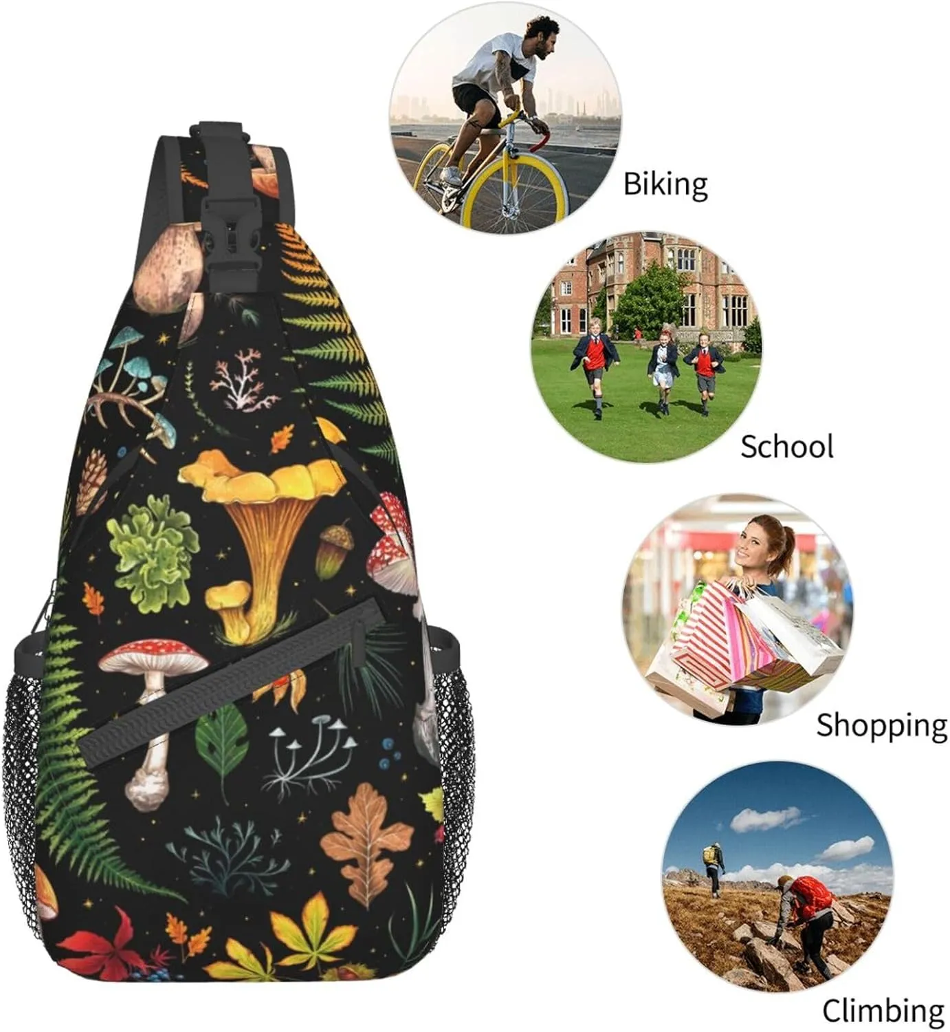 Mushroom Plants Leaves Botanical Sling Bag for Women Mens Crossbody Backpack Hiking Travel Daypack Shoulder Chest Bag with Adjustable Strap