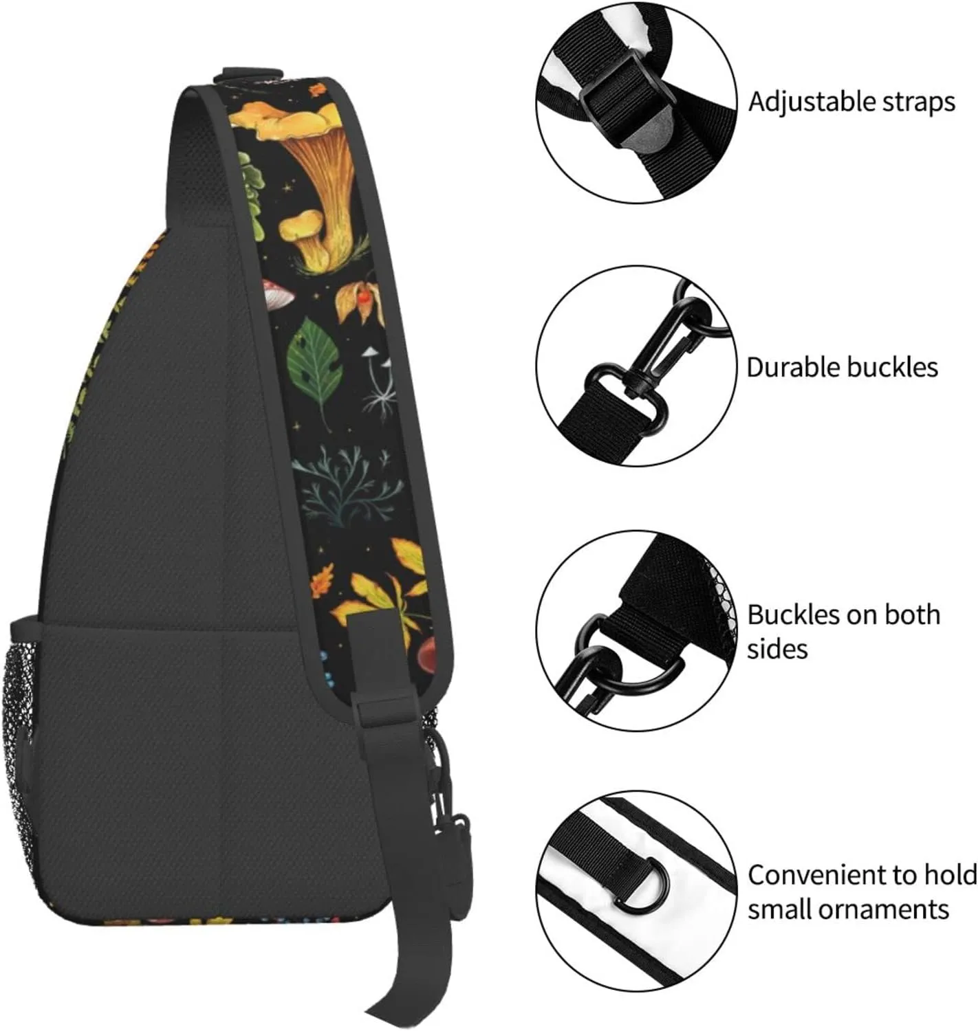Mushroom Plants Leaves Botanical Sling Bag for Women Mens Crossbody Backpack Hiking Travel Daypack Shoulder Chest Bag with Adjustable Strap