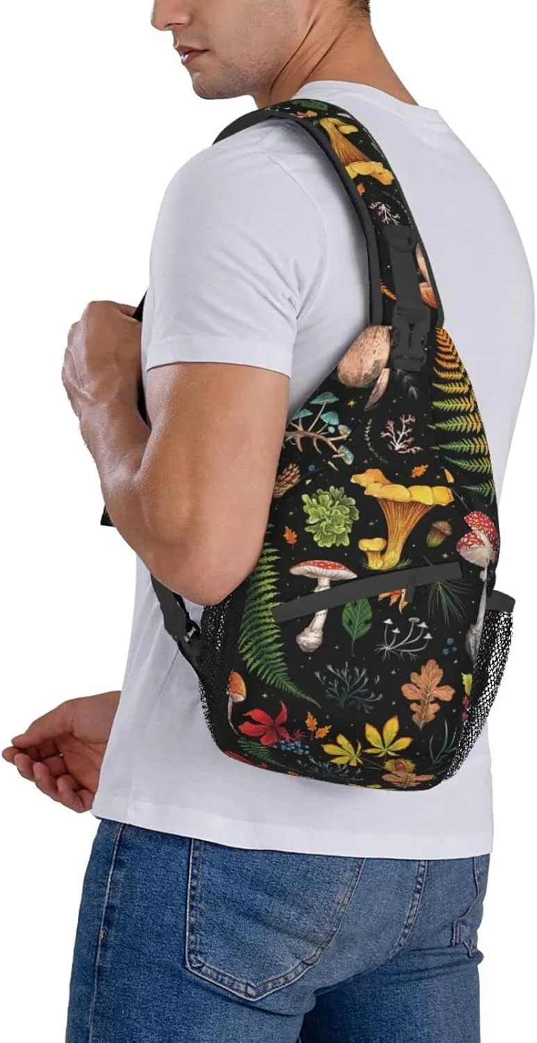 Mushroom Plants Leaves Botanical Sling Bag for Women Mens Crossbody Backpack Hiking Travel Daypack Shoulder Chest Bag with Adjustable Strap