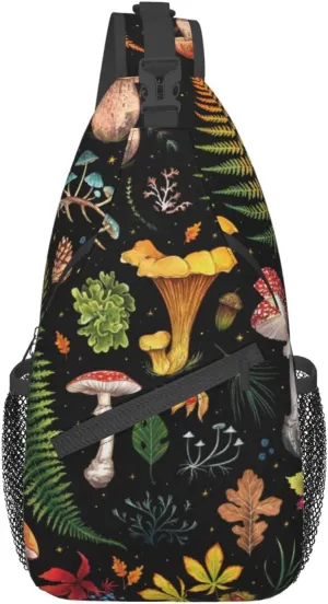 Mushroom Plants Leaves Botanical Sling Bag for Women Mens Crossbody Backpack Hiking Travel Daypack Shoulder Chest Bag with Adjustable Strap