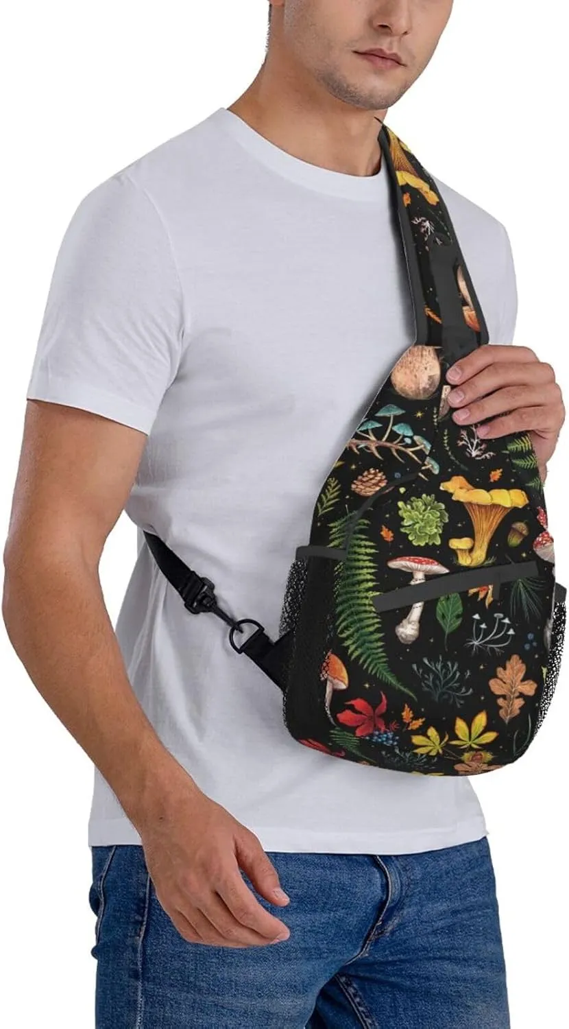 Mushroom Plants Leaves Botanical Sling Bag for Women Mens Crossbody Backpack Hiking Travel Daypack Shoulder Chest Bag with Adjustable Strap