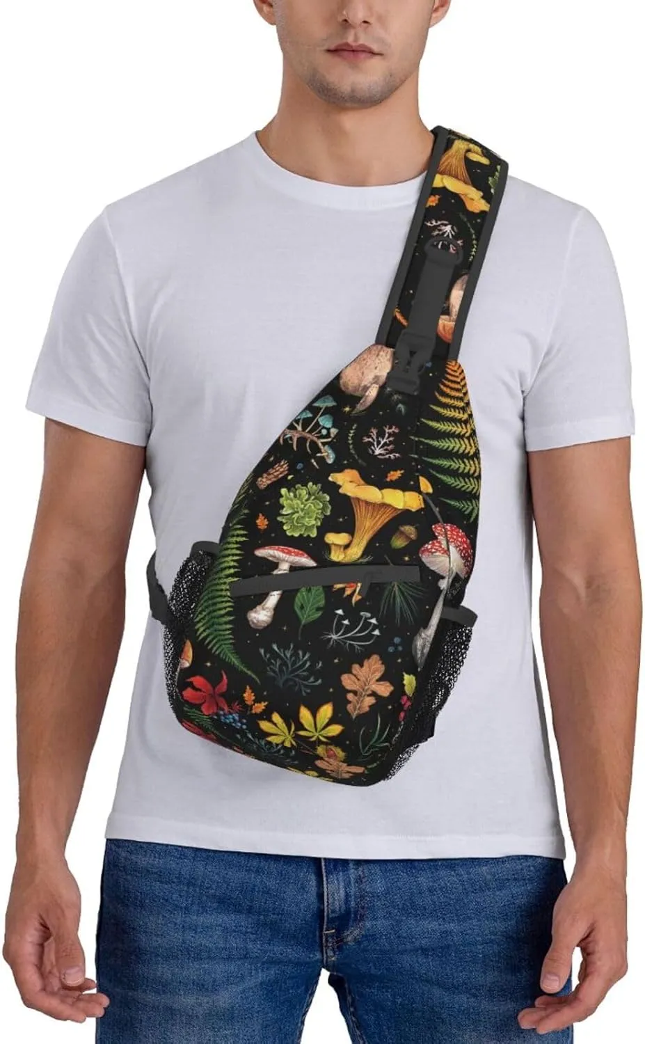 Mushroom Plants Leaves Botanical Sling Bag for Women Mens Crossbody Backpack Hiking Travel Daypack Shoulder Chest Bag with Adjustable Strap