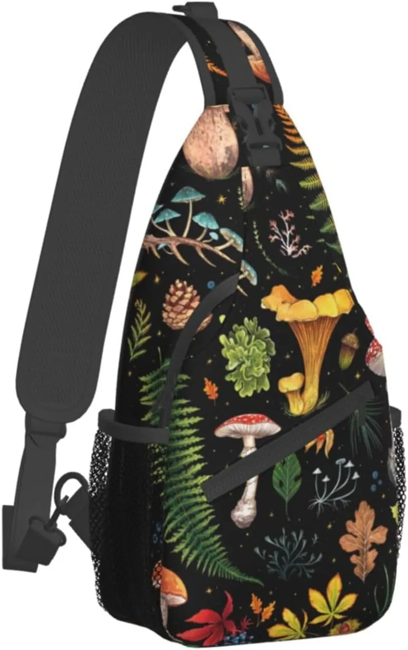 Mushroom Plants Leaves Botanical Sling Bag for Women Mens Crossbody Backpack Hiking Travel Daypack Shoulder Chest Bag with Adjustable Strap