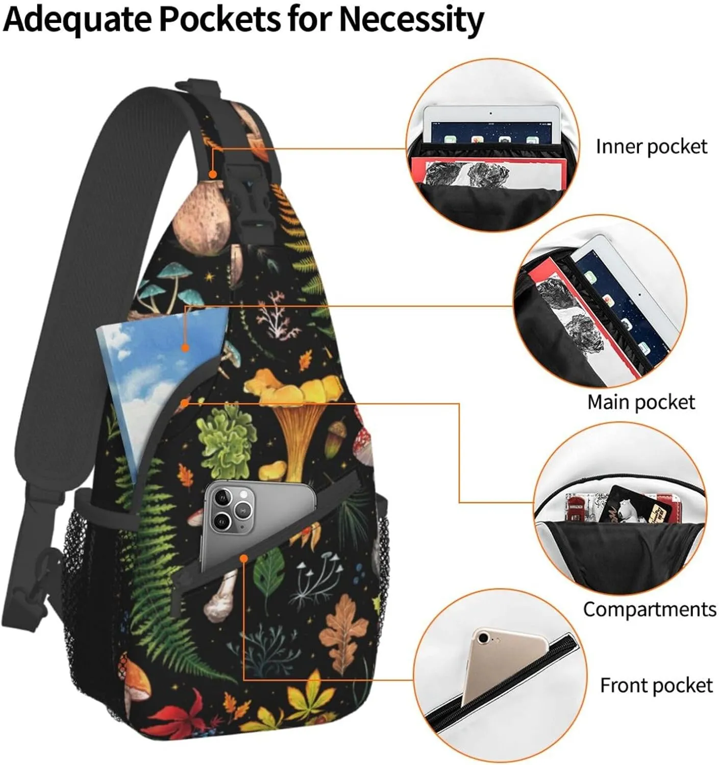Mushroom Plants Leaves Botanical Sling Bag for Women Mens Crossbody Backpack Hiking Travel Daypack Shoulder Chest Bag with Adjustable Strap