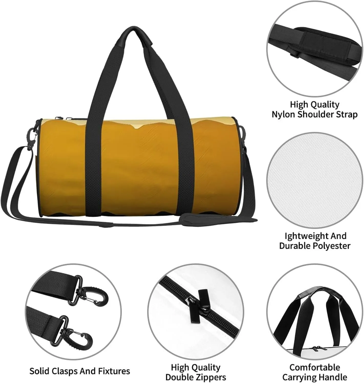 Mustard Yellow and Black Travel Duffle Bag for Men Women Sport Gym Bag Foldable Weekender Bag Carry on Overnight Bag for Travel Swimming Basketball