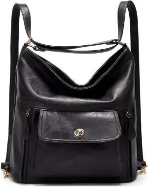 myfriday Vintage Leather Fashion Backpack Purse for Women Large Capacity Convertible Backpack Travel Daily Daypack (Black)