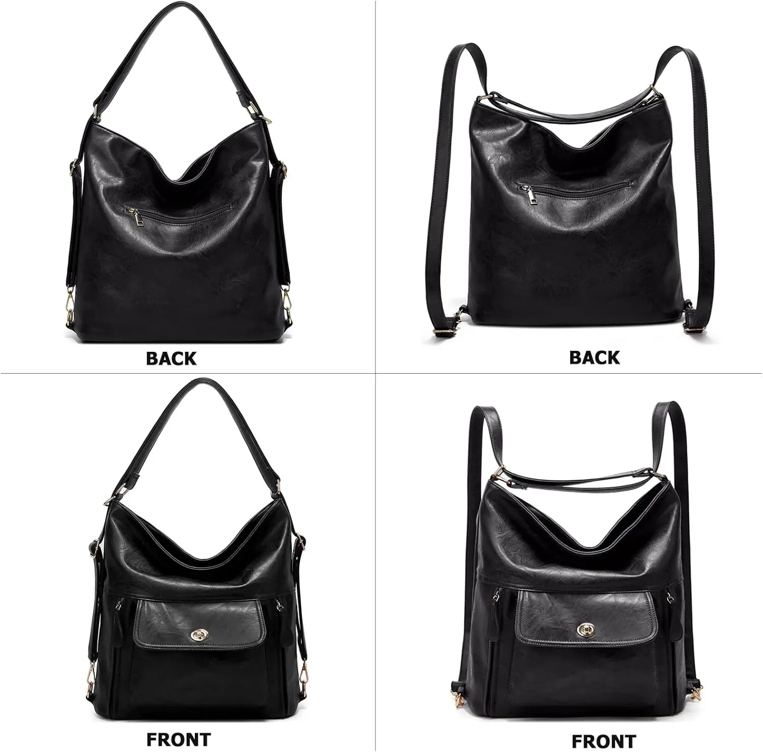 myfriday Vintage Leather Fashion Backpack Purse for Women Large Capacity Convertible Backpack Travel Daily Daypack (Black)