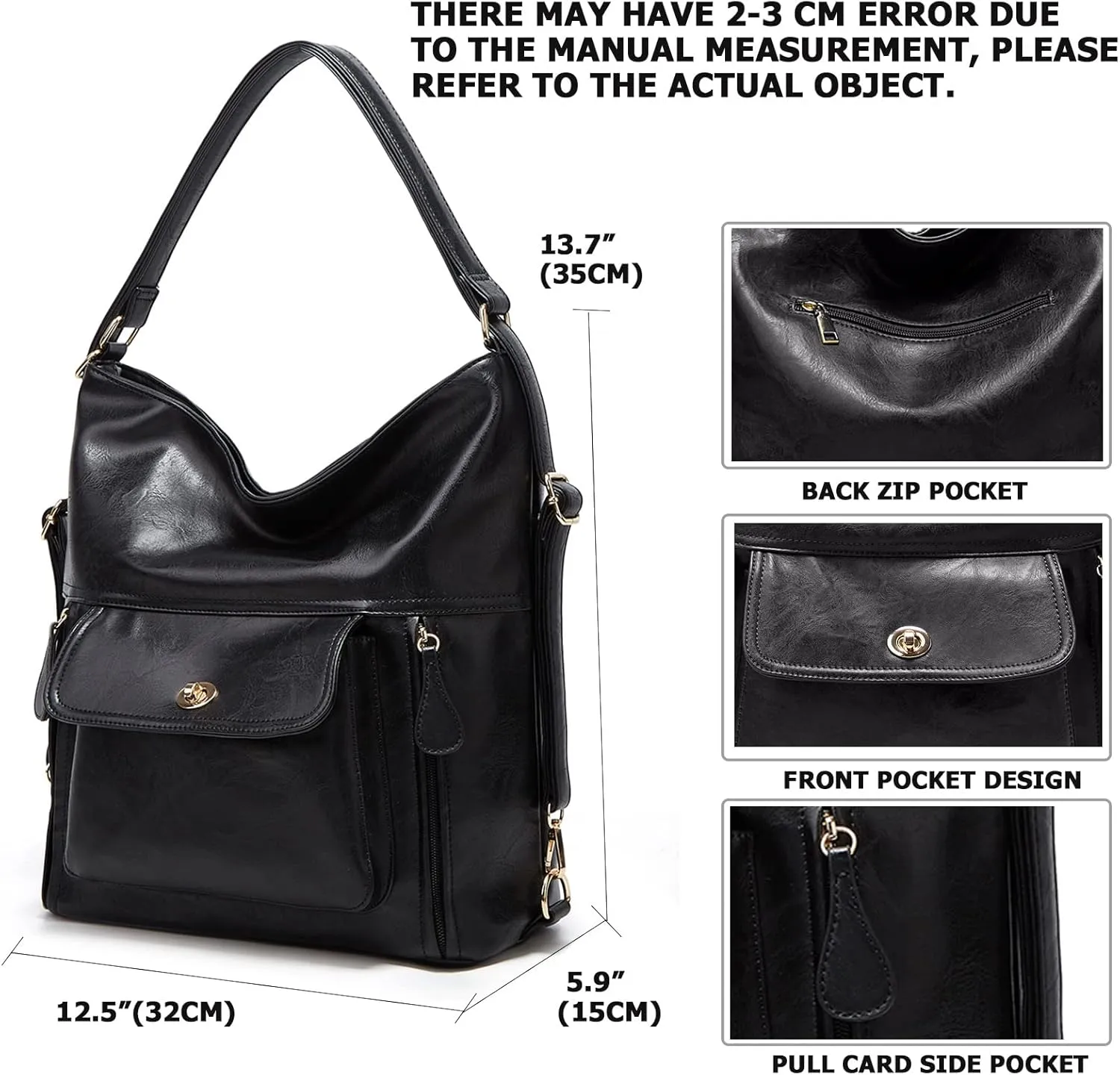 myfriday Vintage Leather Fashion Backpack Purse for Women Large Capacity Convertible Backpack Travel Daily Daypack (Black)