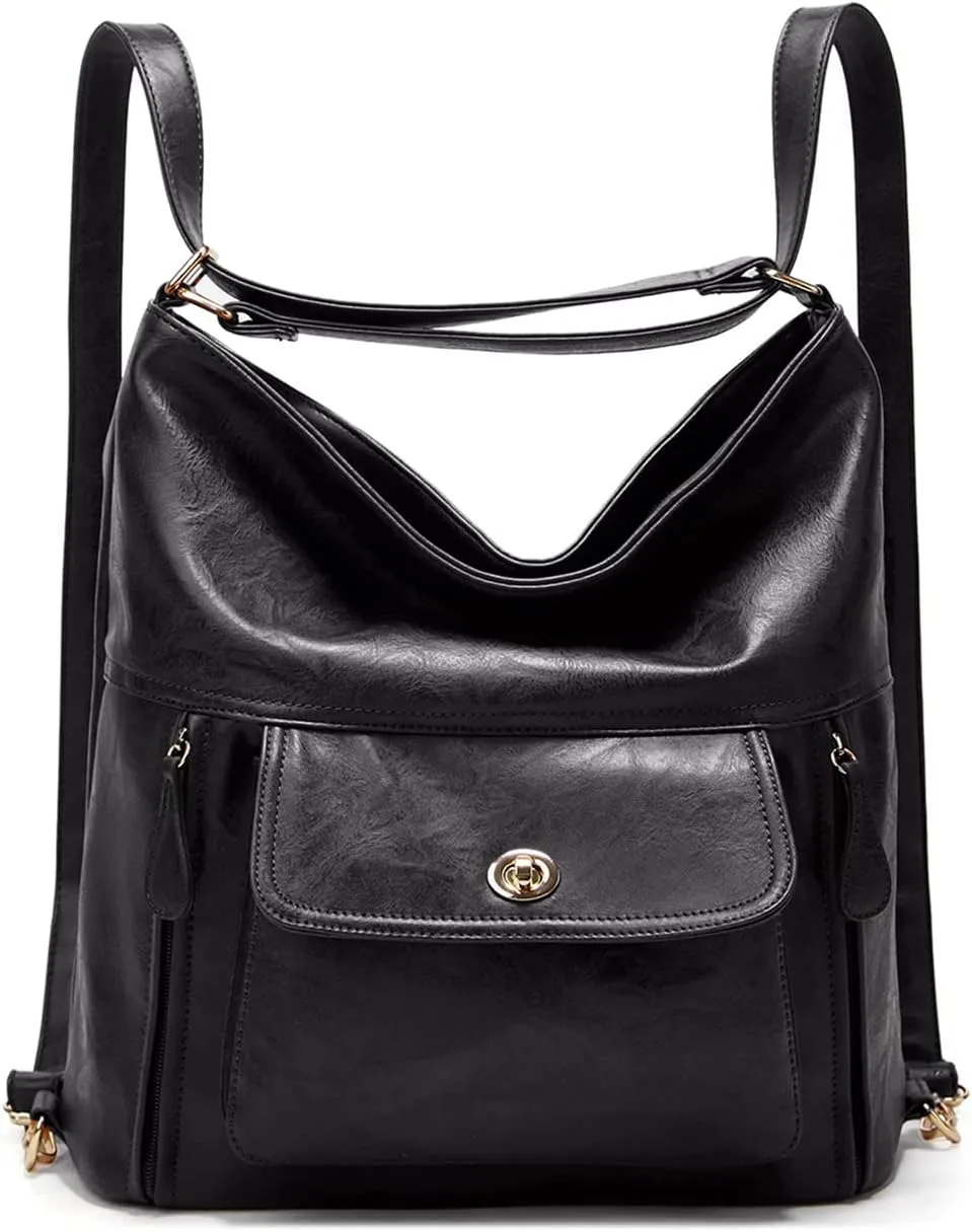 myfriday Vintage Leather Fashion Backpack Purse for Women Large Capacity Convertible Backpack Travel Daily Daypack (Black)