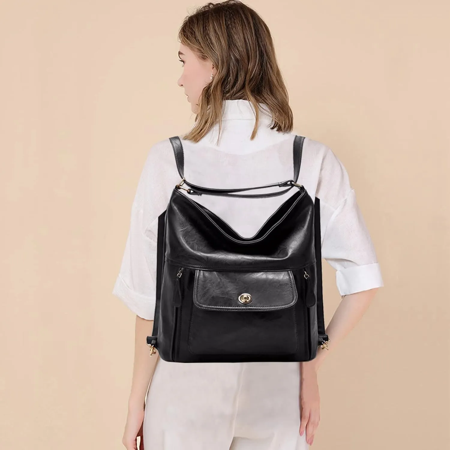myfriday Vintage Leather Fashion Backpack Purse for Women Large Capacity Convertible Backpack Travel Daily Daypack (Black)
