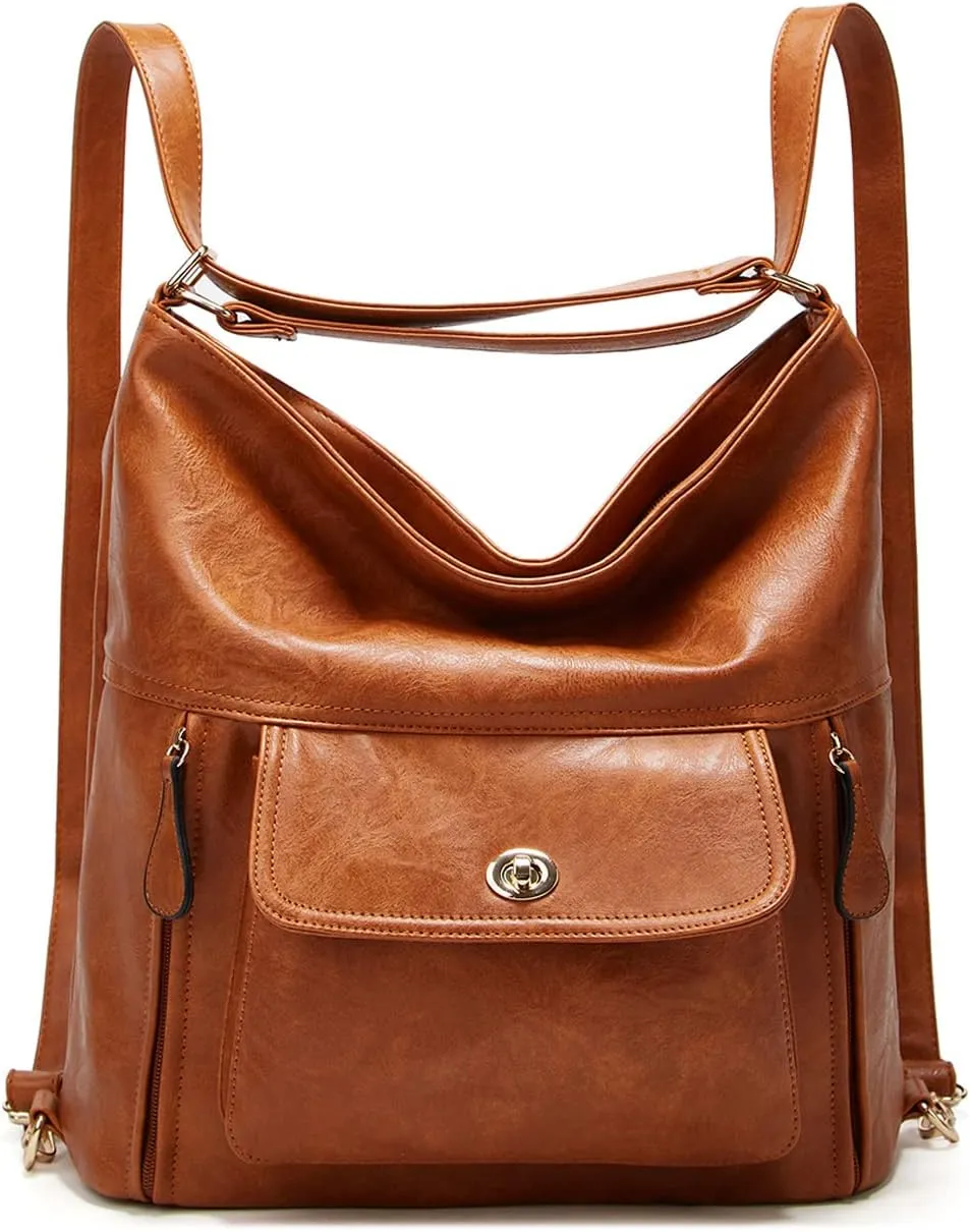 myfriday Vintage Leather Fashion Backpack Purse for Women Large Capacity Convertible Backpack Travel Daily Daypack (Brown)
