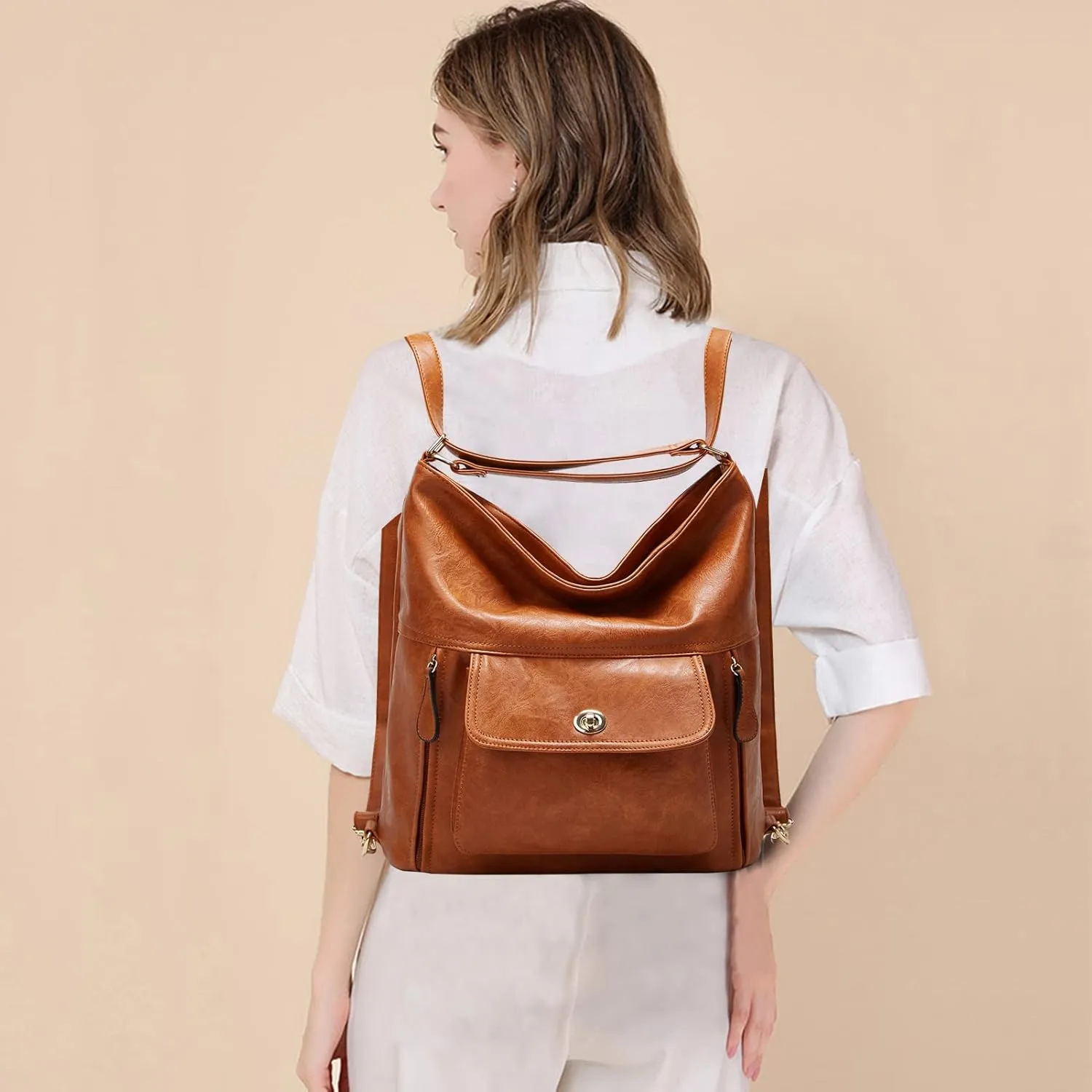 myfriday Vintage Leather Fashion Backpack Purse for Women Large Capacity Convertible Backpack Travel Daily Daypack (Brown)