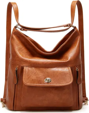 myfriday Vintage Leather Fashion Backpack Purse for Women Large Capacity Convertible Backpack Travel Daily Daypack (Brown)