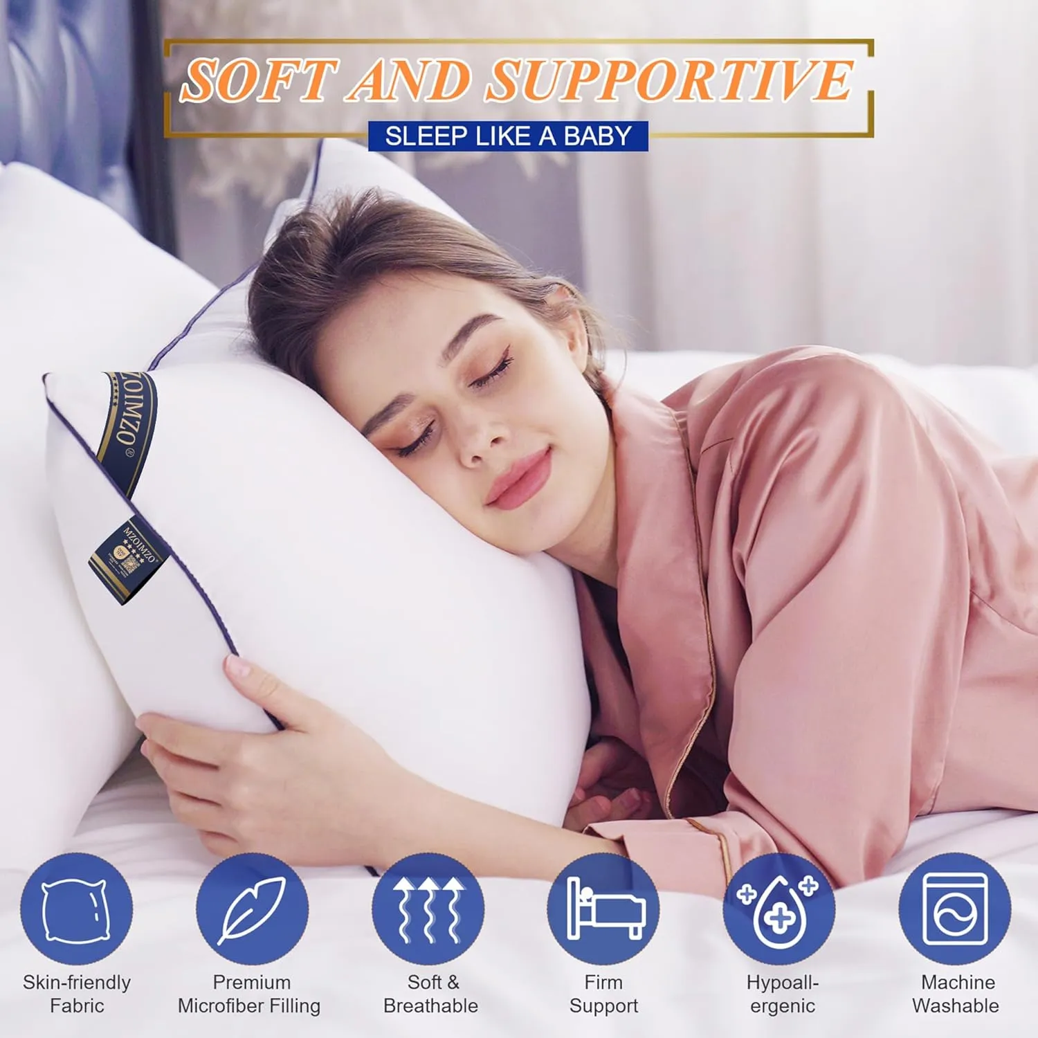MZOIMZO Supportive Firm Bed Pillows for Sleeping- Queen Size Set of 2, Cooling Hotel Quality with Premium Soft Down Alternative Fill for Back, Stomach or Side Sleepers, 20''x30''