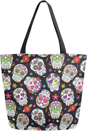 Naanle Skull Canvas Tote Bag Large Women Casual Shoulder Bag Handbag, Floral Skull Reusable Multipurpose Heavy Duty Shopping Grocery Cotton Bag for Outdoors.