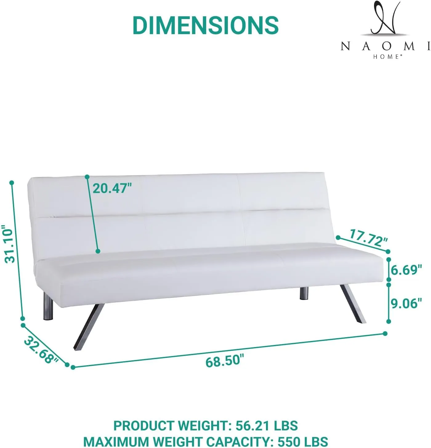 Naomi Home Faux Leather Futon Couch, Modern Convertible Folding Sofa Bed Couch Futon Sofa Bed with Chrome Legs, Reclining Mini Couch, Leather Futon Small Couch for Bedroom Living Room White