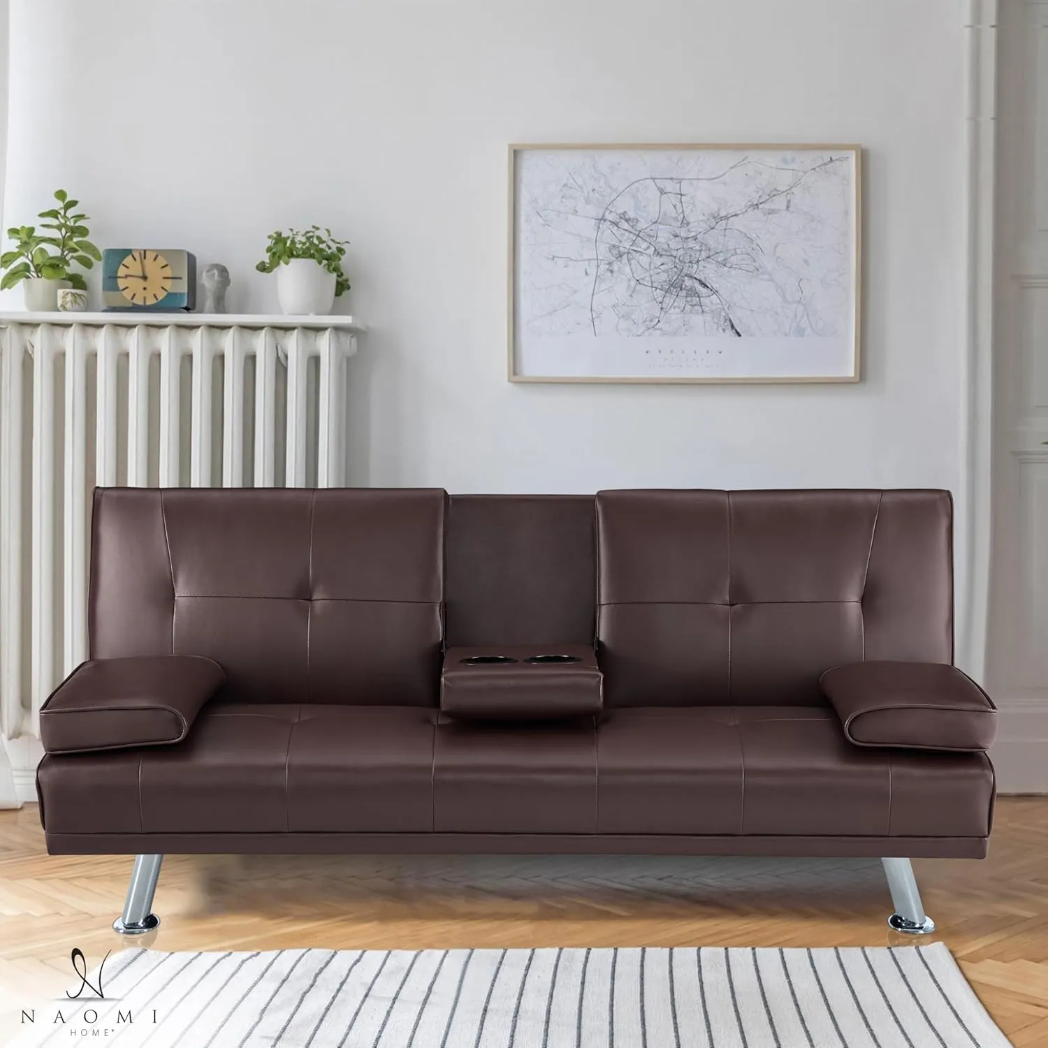 Naomi Home Low Profile Design: Convertible Folding Futon Sofa Bed Sleeper Couch for Living Room Faux Leather Upholstered Futon Sofa with Armrests, Metal Legs, 2 Cup Holders, Espresso