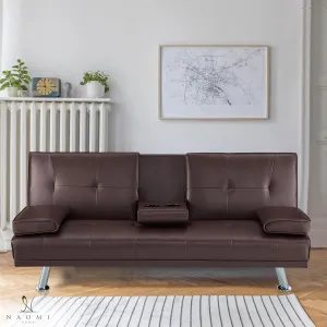 Naomi Home Low Profile Design: Convertible Folding Futon Sofa Bed Sleeper Couch for Living Room Faux Leather Upholstered Futon Sofa with Armrests, Metal Legs, 2 Cup Holders, Espresso