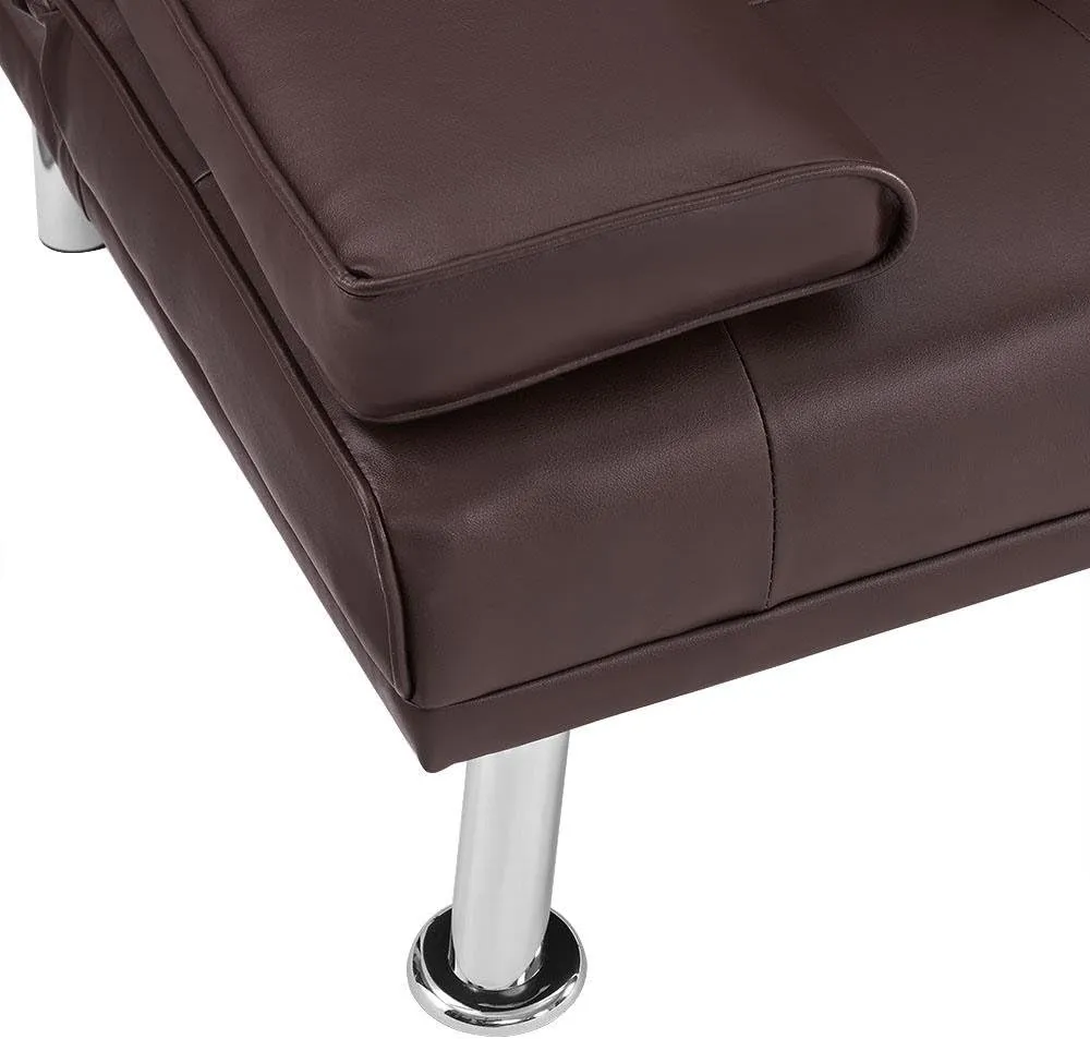 Naomi Home Low Profile Design: Convertible Folding Futon Sofa Bed Sleeper Couch for Living Room Faux Leather Upholstered Futon Sofa with Armrests, Metal Legs, 2 Cup Holders, Espresso